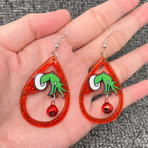 Grinch Holding Bell Red Drop Dangle Earrings