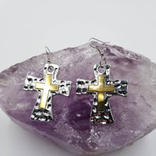 Load image into Gallery viewer, Hammered Silver Gold Layered Cross Earring SHIPS 6-18
