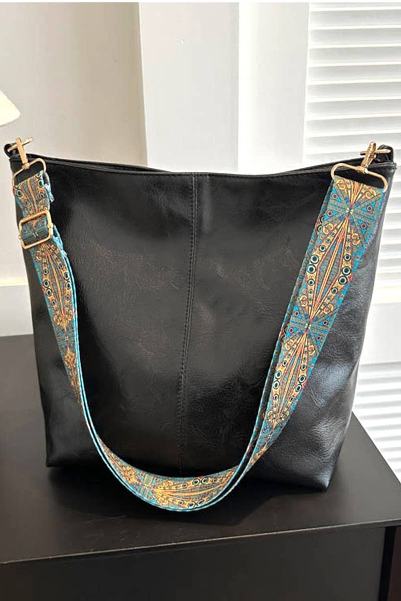 Retro Pattern Strap Vegan Leather Crossbody Shoulder Bag BLACK