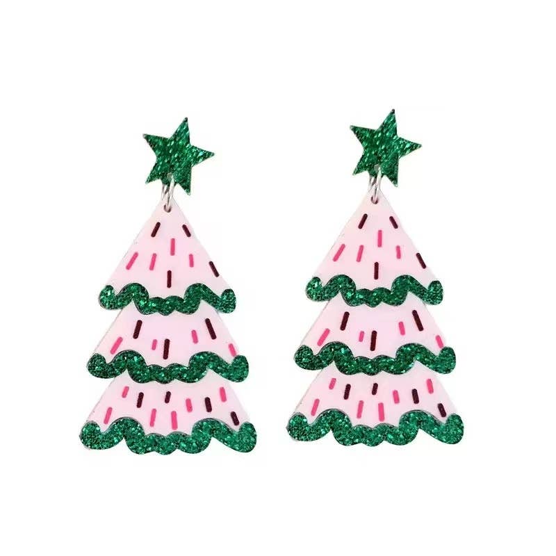 Cute Pair of Pink Christmas Tree Earrings with Glitter