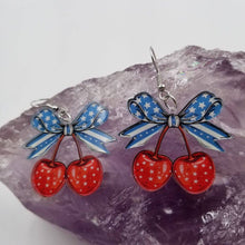 Load image into Gallery viewer, Patriotic Bow Cherry Earrings - 4th of July SHIPS 6-18