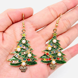 Christmas Tree Rhinestone Stars Pearl Dangle - Earrings