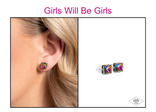 Paparazzi Girls Will Be Girls - Multi Oil Spill - Post Earring PINK DIAMOND