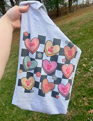 Checkered Conversation Hearts Valentines Day Graphic Tee 
