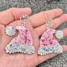 Load image into Gallery viewer, Sparkling Pink Christmas Hat Dangle Earrings