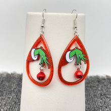 Load image into Gallery viewer, Grinch Holding Bell Red Drop Dangle Earrings