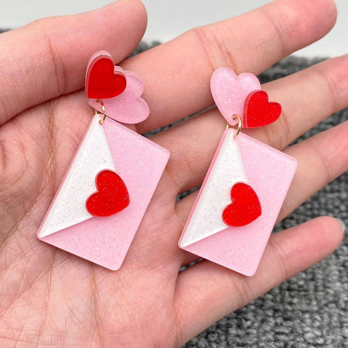 Acrylic Pink Heart Envelope -  Post Earrings Valentine's Day