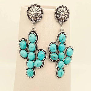 Western Style Turquoise Cactus Pendant Post Earrings