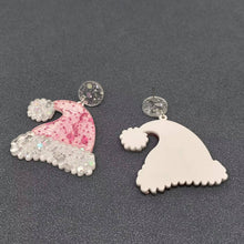 Load image into Gallery viewer, Sparkling Pink Christmas Hat Dangle Earrings