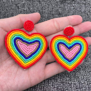 Contrasting Colors Seed Beads Heart Earrings