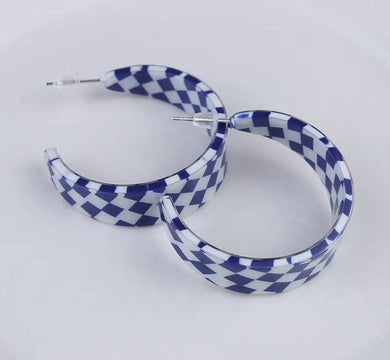 Blue and White Checkered Hoop Earrings