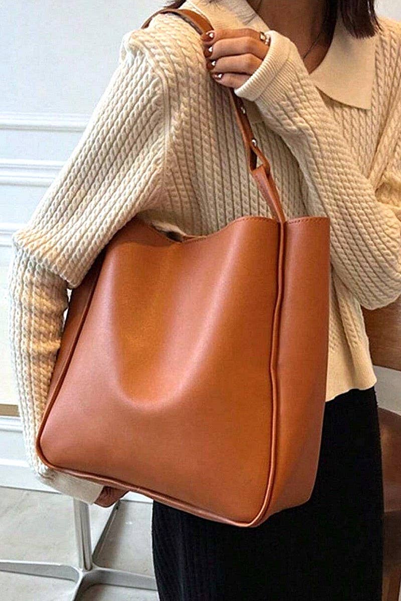 Simple Trendy Vegan Leather Shoulder Bag BROWN