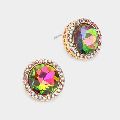 Rhinestone Trimmed Round Stone Stud Evening Earrings