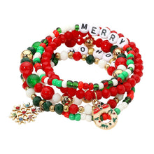 Load image into Gallery viewer, Snowflake Holiday Wreath Charm MERRY HO HO HO Stretch-  Multi Layered Bracelets