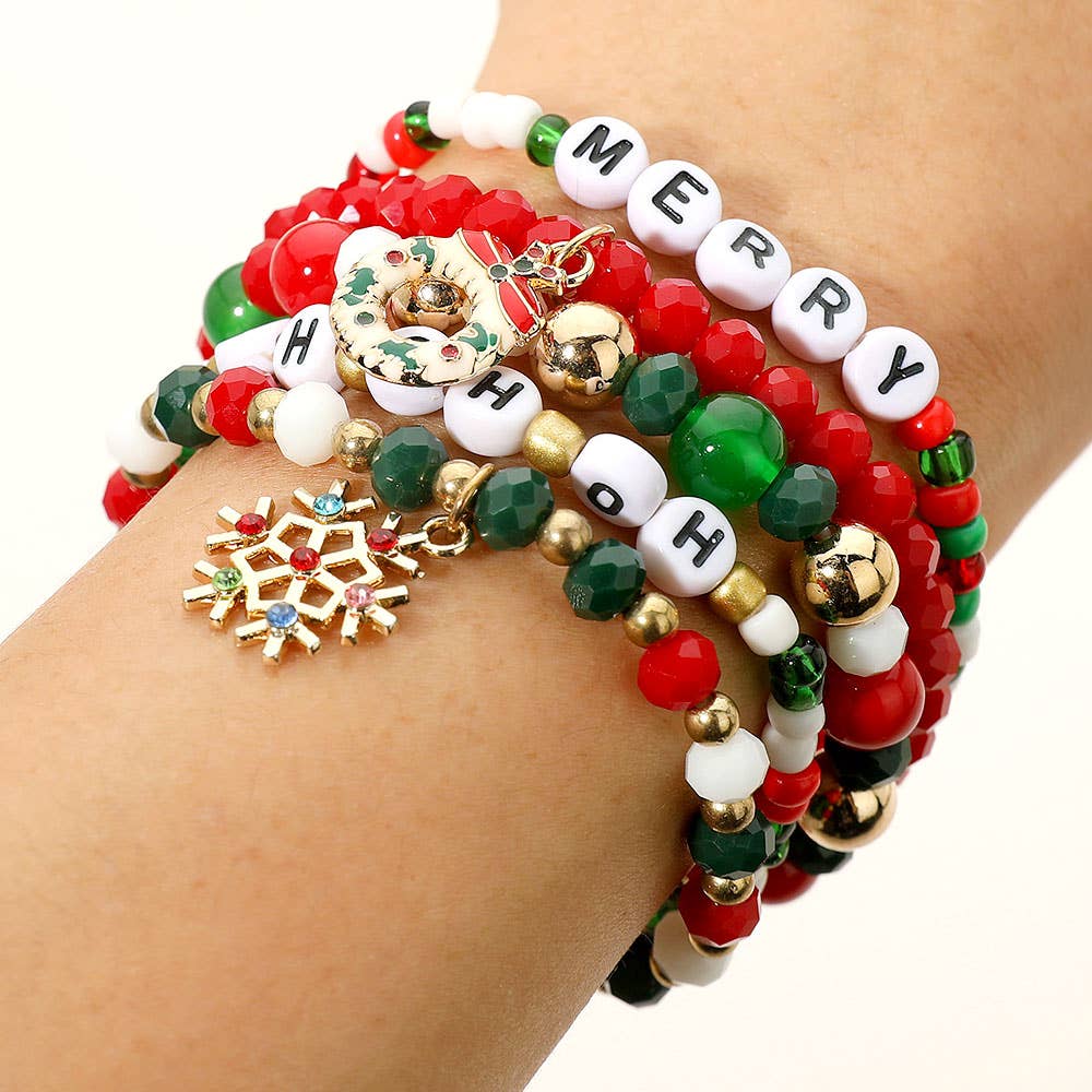 Snowflake Holiday Wreath Charm MERRY HO HO HO Stretch-  Multi Layered Bracelets