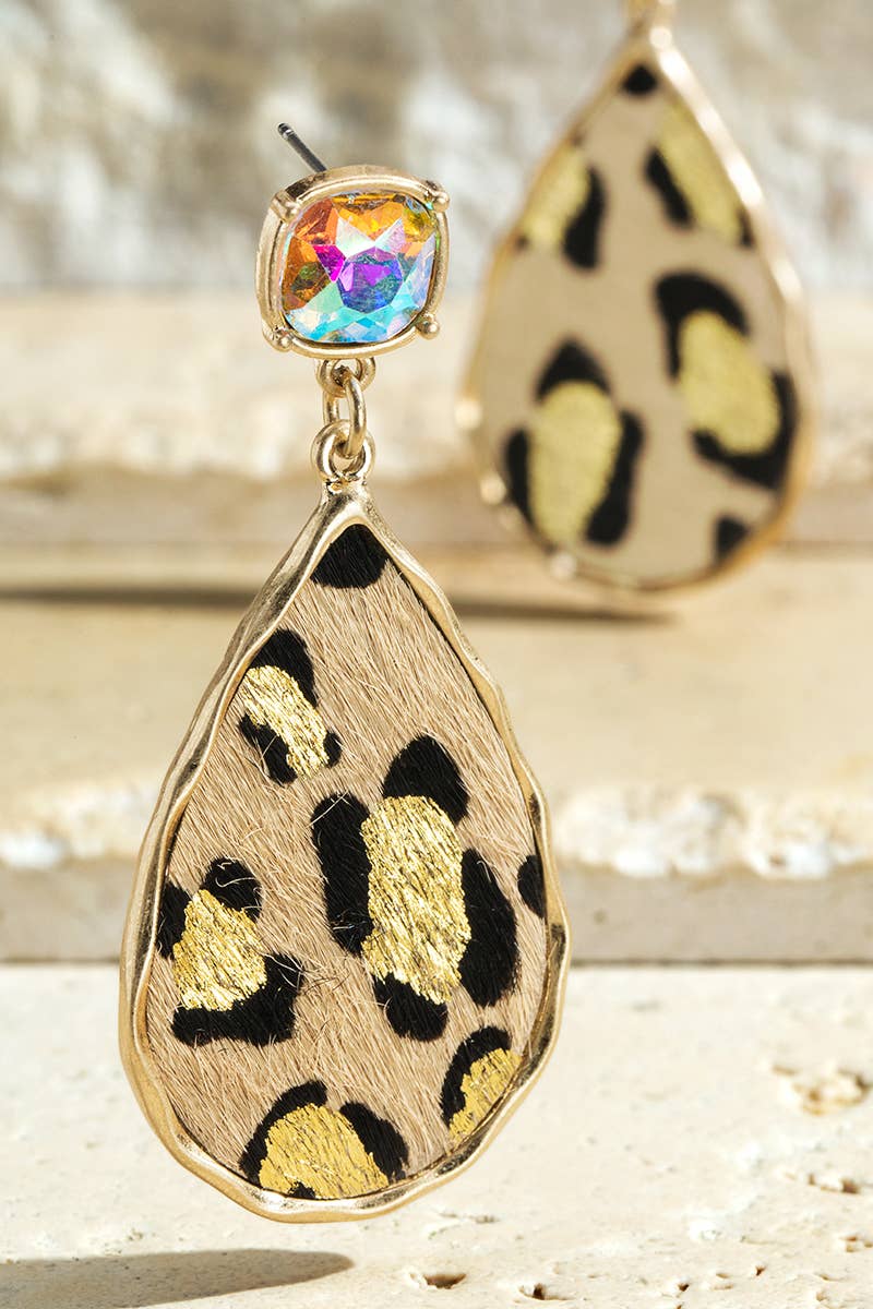 Leather Leopard Print Teardrop Earrings Brown