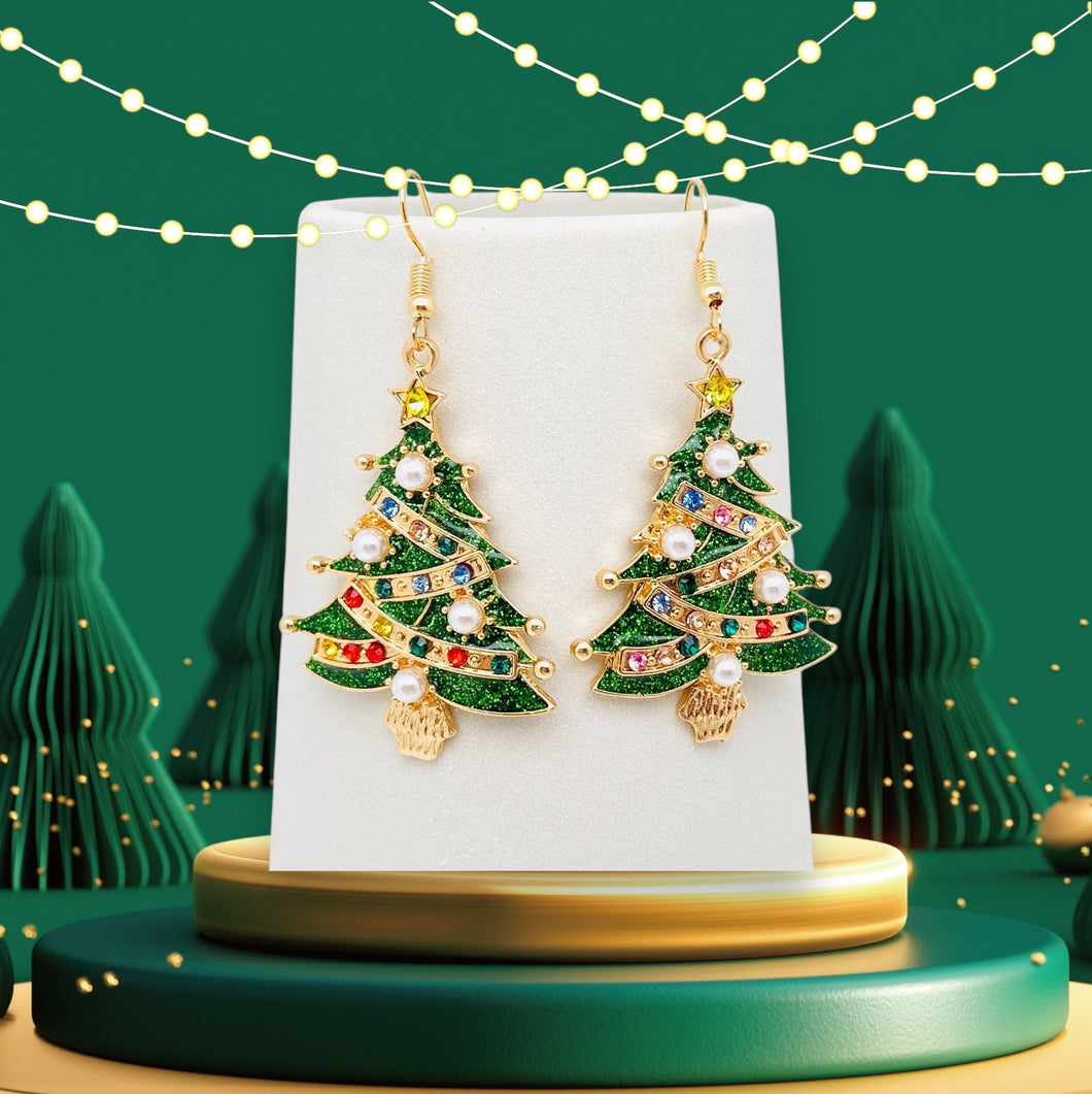 Christmas Tree Rhinestone Stars Pearl Dangle - Earrings