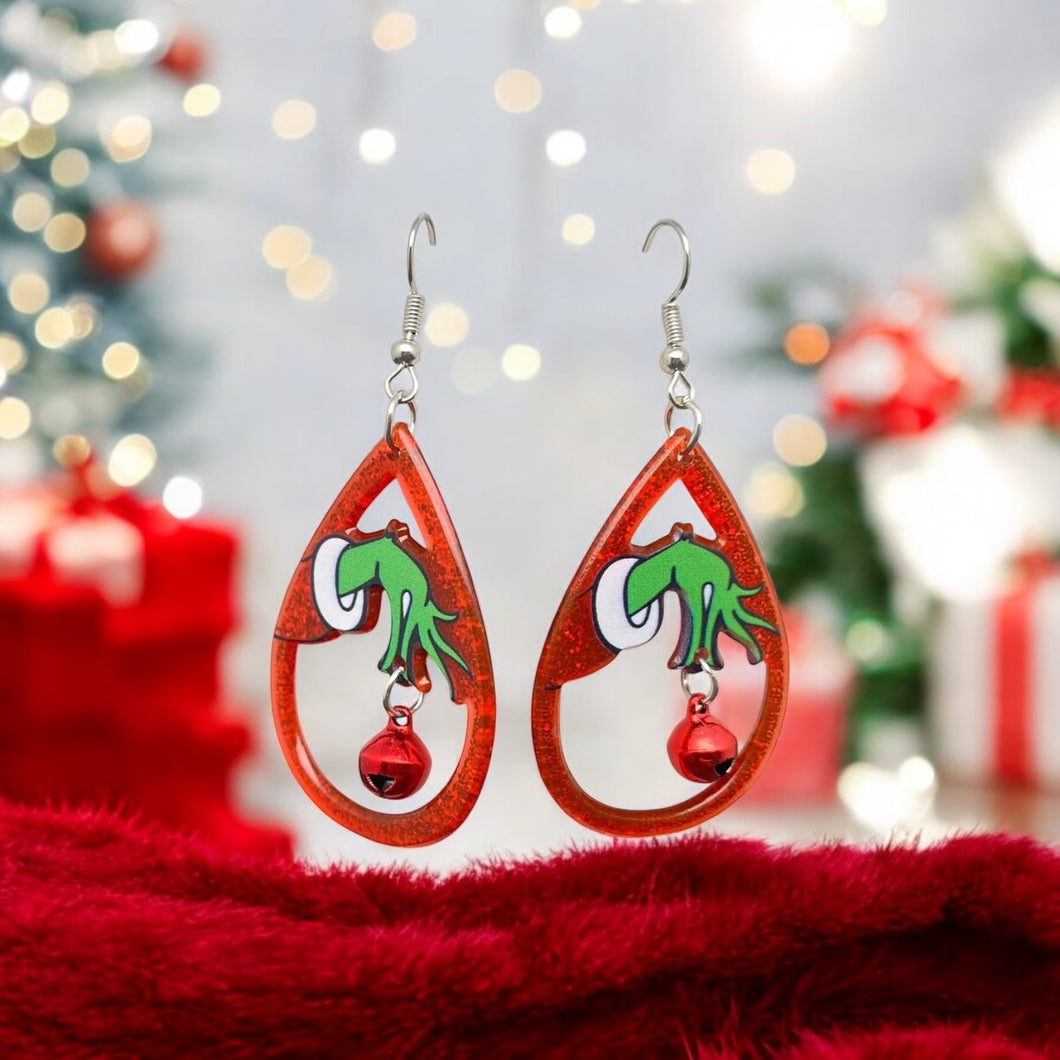 Grinch Holding Bell Red Drop Dangle Earrings