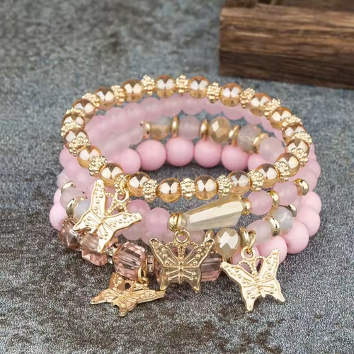 Butterfly Beaded Bracelet Set - Pink Acrylic Beads Elastic Bracelet NEW