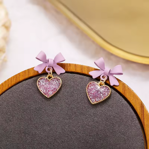 Purple Crystal Heart  Bow Dangle Earrings NEW