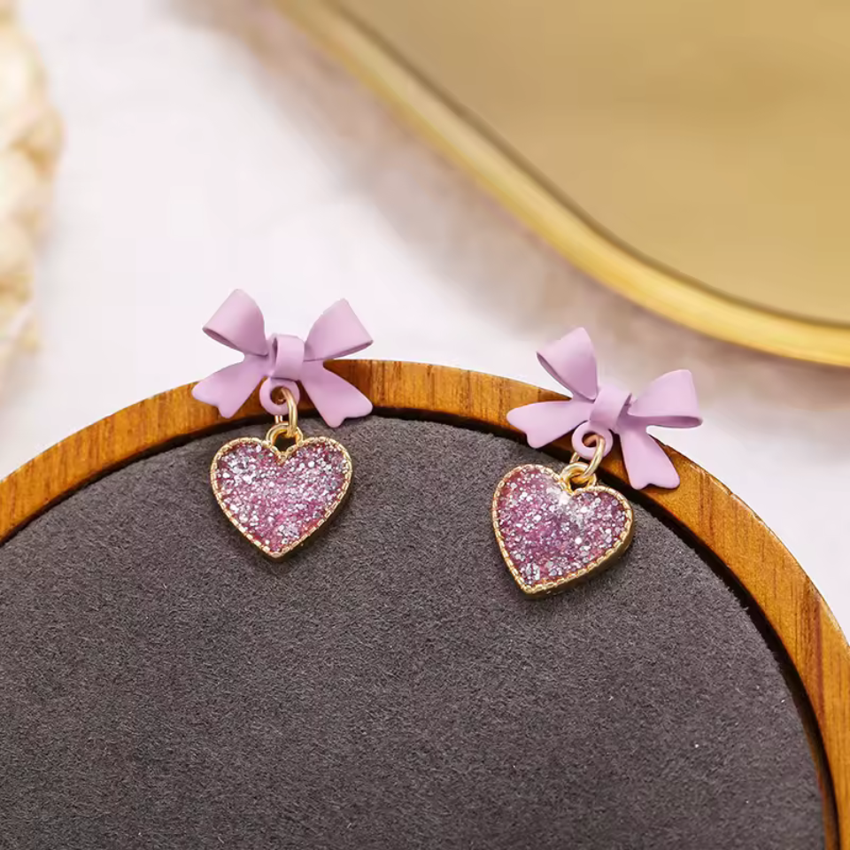 Purple Crystal Heart  Bow Dangle Earrings