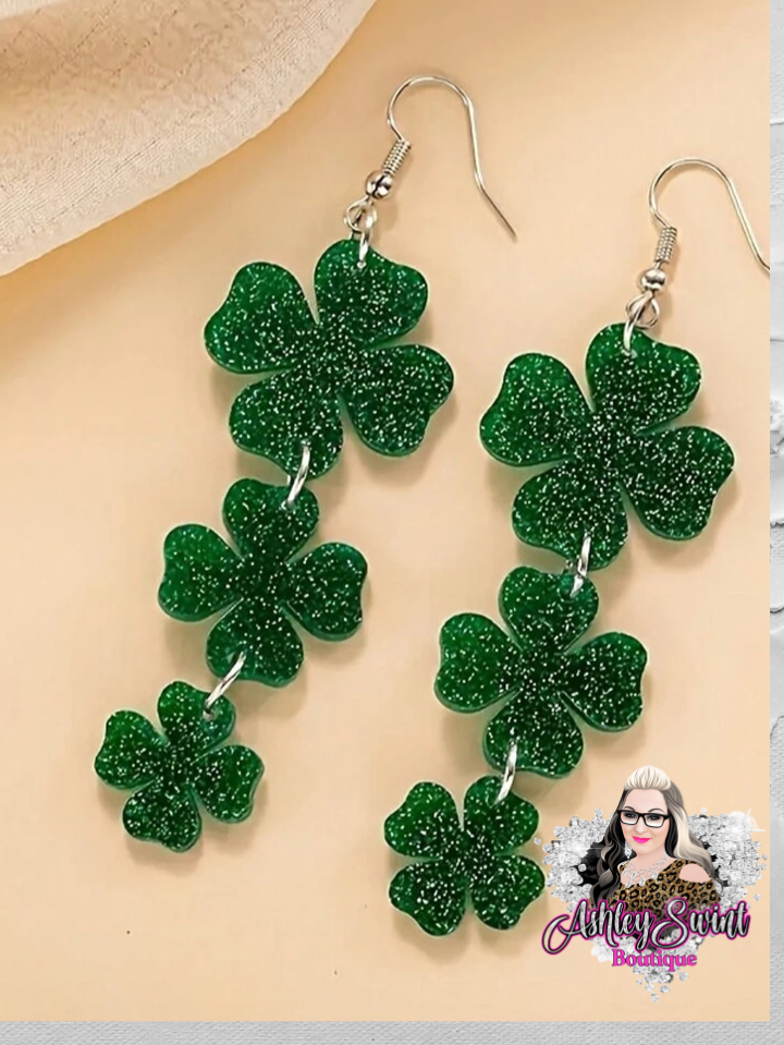 Four leaf clover, glitter, green acrylic dropping style earrings