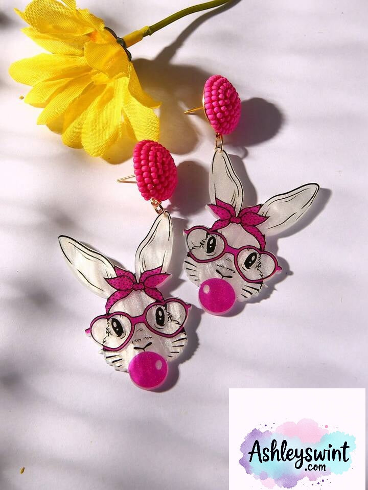 Bubblegum and glasses, bow style bunny, post acrylic earrings with seed bead