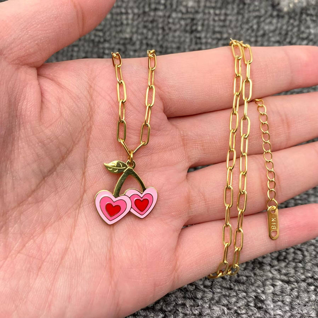 Pink Heart Cherry Charm 18K Gold Plated  - Necklace