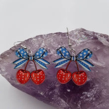 Load image into Gallery viewer, Patriotic Bow Cherry Earrings - 4th of July SHIPS 6-18