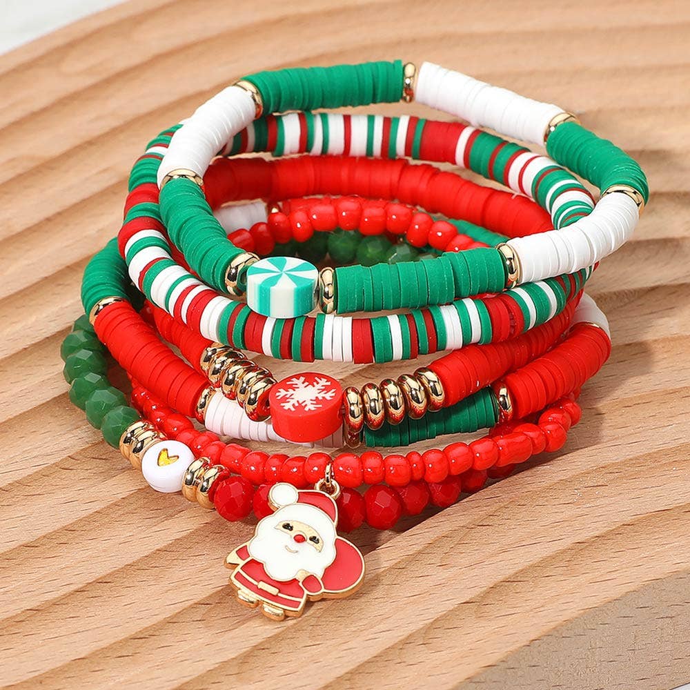 Christmas Santa Charm Snowflake Heishi Faceted Beaded Stretch - Multi Layered Bracelets