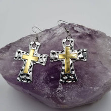 Load image into Gallery viewer, Hammered Silver Gold Layered Cross Earring SHIPS 6-18