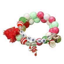 Load image into Gallery viewer, HO HO HO Candy Cane Santa Charm Bow Beaded Stretch - Multi Layered Bracelets - Paparazzi $5 Jewelry with Ashley Swint