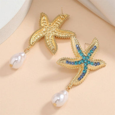 Starfish Drop and Dangle Earrings with Hanging Pearl