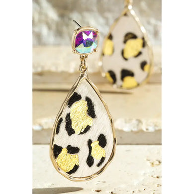 Leather Leopard Print Teardrop Earrings WHITE