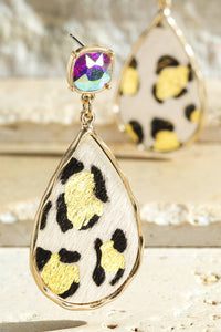 Leather Leopard Print Teardrop Earrings Brown