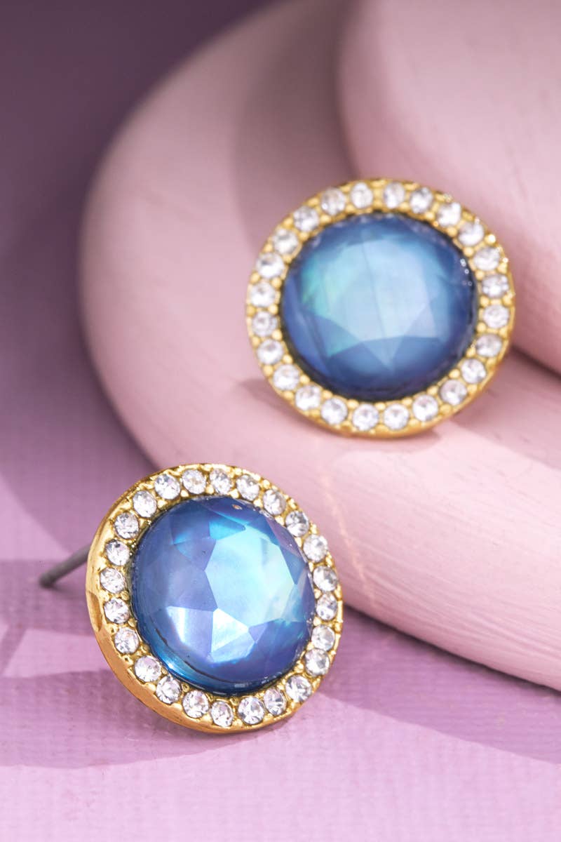 Round Rhinestone Stud Earrings Blue