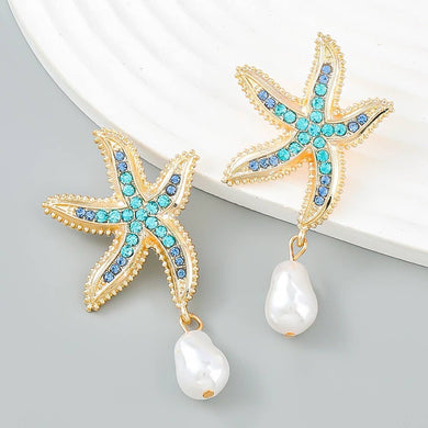 Starfish Drop and Dangle Earrings with Hanging Pearl