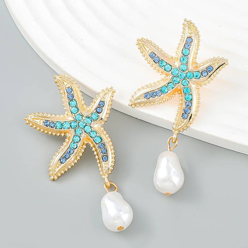 Starfish Drop and Dangle Earrings with Hanging Pearl (NEW SHIPS IN A WEEK)