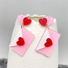 Load image into Gallery viewer, Acrylic Pink Heart Envelope -  Post Earrings Valentine&#39;s Day