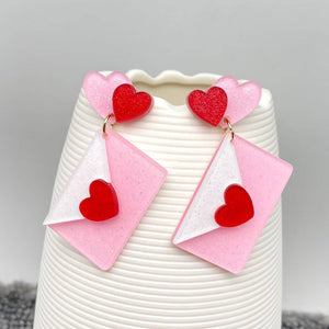 Acrylic Pink Heart Envelope -  Post Earrings Valentine's Day