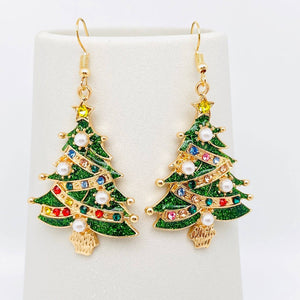 Christmas Tree Rhinestone Stars Pearl Dangle - Earrings