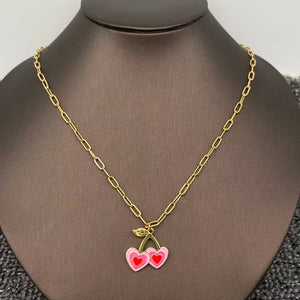 Pink Heart Cherry Charm 18K Gold Plated  - Necklace