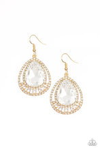 Load image into Gallery viewer, Paparazzi All Rise For Her Majesty - Gold - White Teardrop Gem - Earrings - 2019 Convention Exclusive - $5 Jewelry with Ashley Swint