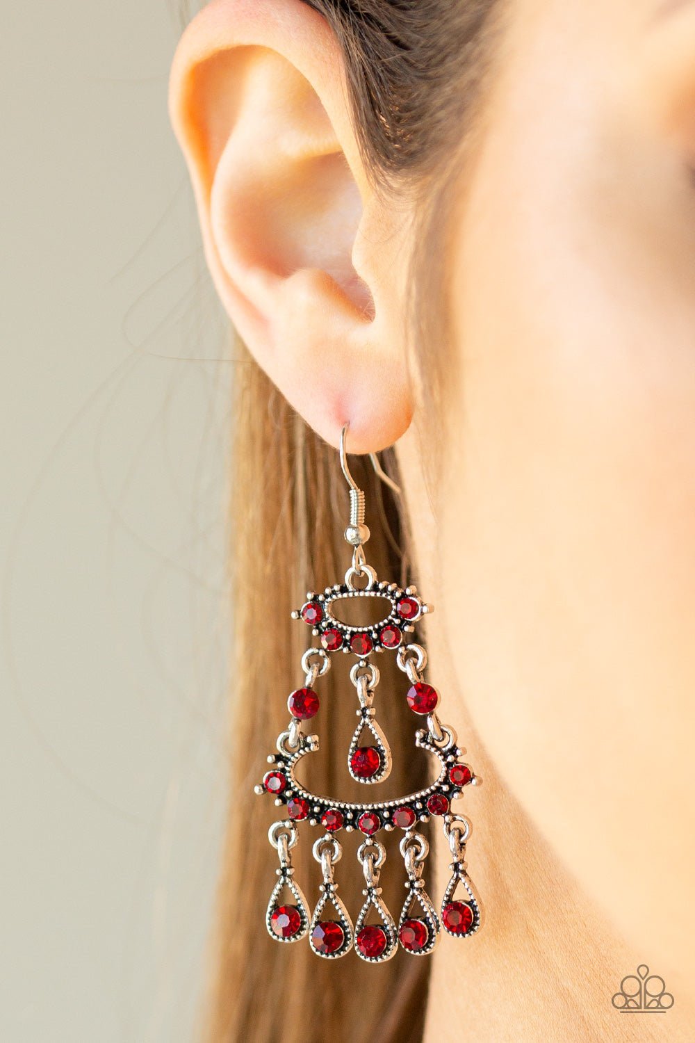 Paparazzi Chandelier Shimmer - Red - White Rhinestones - Teardrop Fringe - Earrings - $5 Jewelry with Ashley Swint