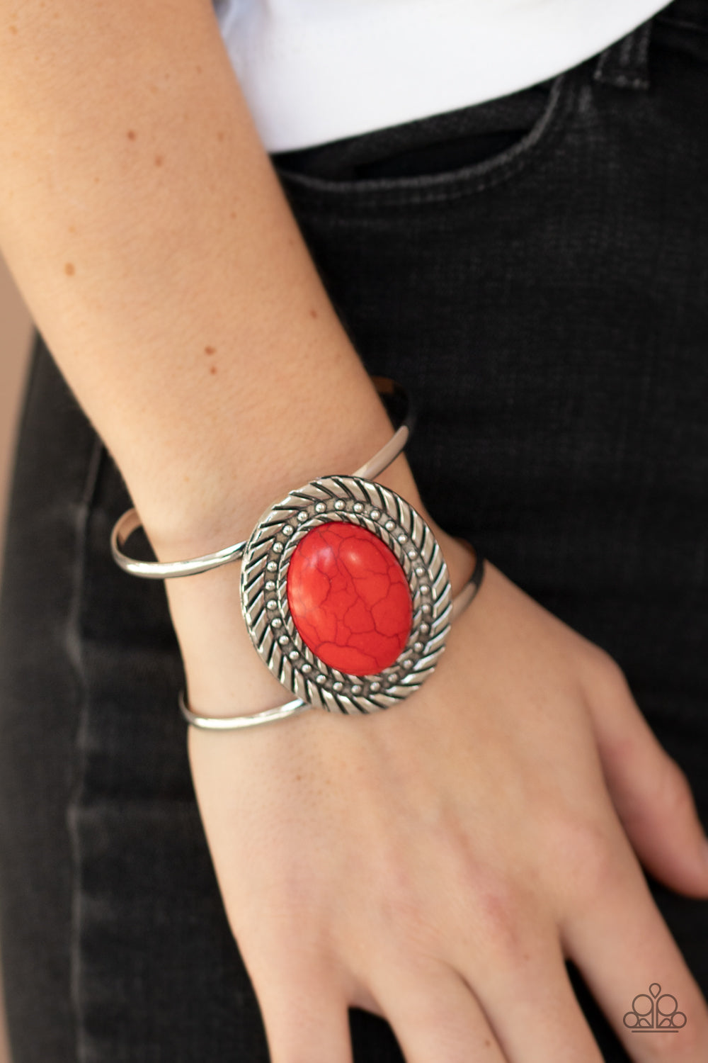 Paparazzi Desert Aura - Red Stone - Silver Cuff Bracelet - $5 Jewelry with Ashley Swint