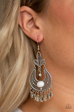 Paparazzi Fiesta Flair - White - Beads - Ornate Silver Fringe - Earrings - $5 Jewelry with Ashley Swint