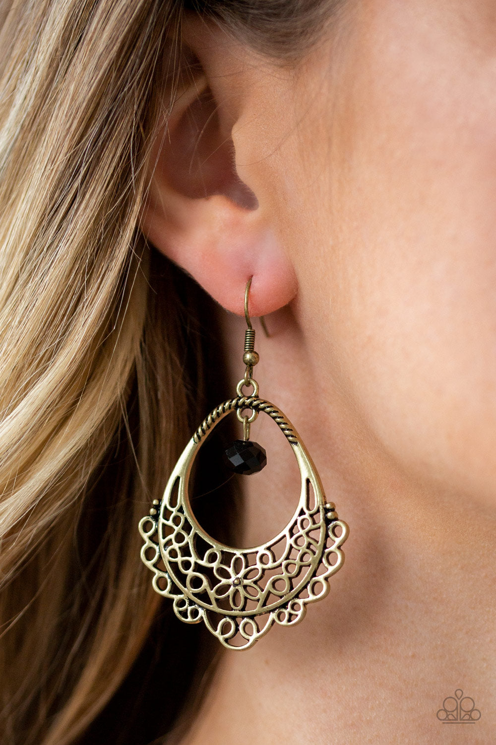Paparazzi Garden Society - Brass - Filigree Swirls - Black Crystal Bead - Earrings - $5 Jewelry with Ashley Swint