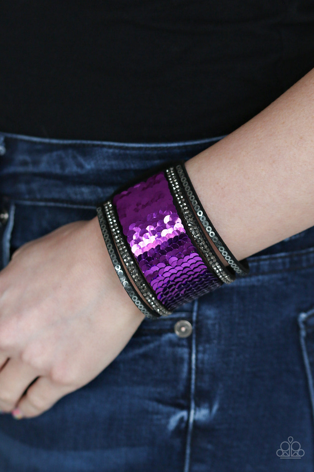 Paparazzi Heads Or MERMAID Tails - Purple - Silver - Rhinestones - Black Suede Wrap / Snap Bracelet - $5 Jewelry with Ashley Swint