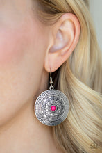 Load image into Gallery viewer, Paparazzi Karma Drama - Pink Beaded Center - Embossed Frilly Vine - Silver Earrings - $5 Jewelry With Ashley Swint