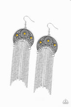 Load image into Gallery viewer, Paparazzi Lunar Melody - Yellow Beads - Silver Half Moon Frame - Silver Chain Fringe - Earrings - $5 Jewelry With Ashley Swint